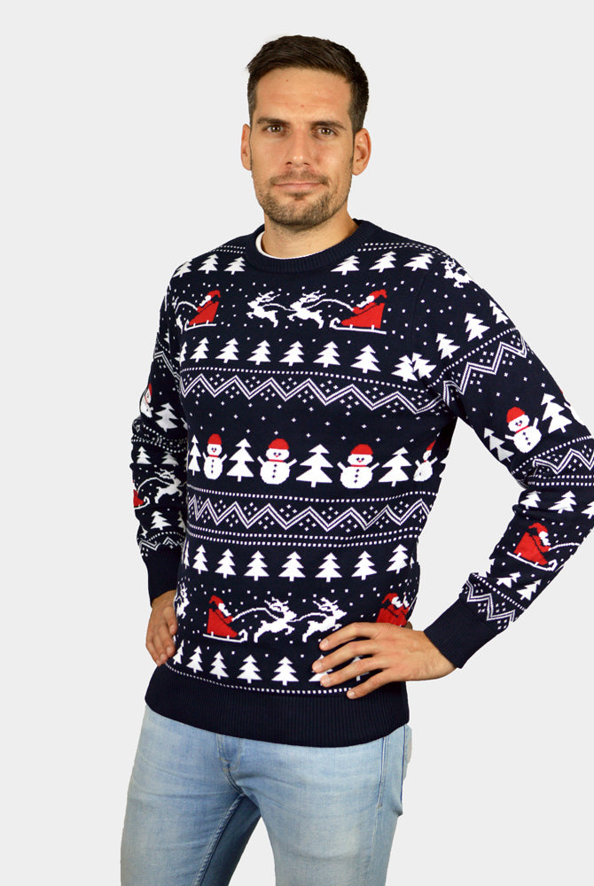 Herren Weihnachtspullover Blau mit Bäumen, Schneemännern und Weihnachtsmann