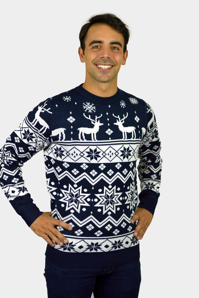 Herren Weihnachtspullover Blau mit Nordische Sternen und Rentieren
