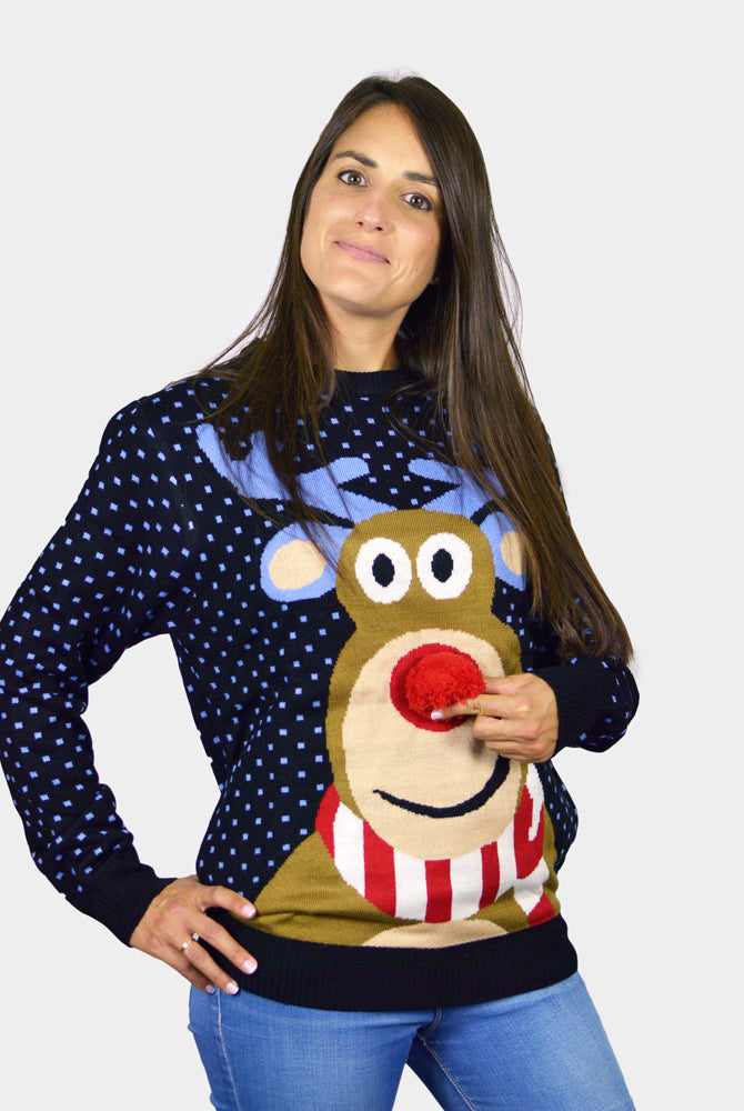 Herren Weihnachtspullover Blau Rentier Rudolph mit Roter Nase 3D Damen