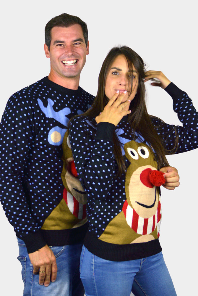 Herren Weihnachtspullover Blau Rentier Rudolph mit Roter Nase 3D Paar
