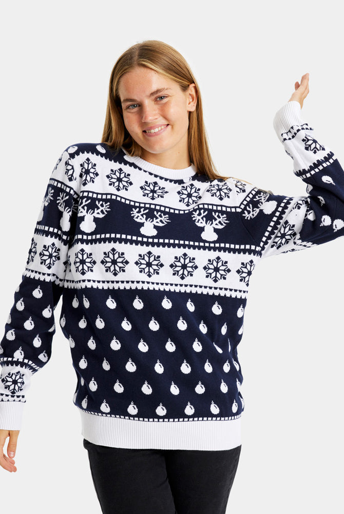 Herren Weihnachtspullover Blau mit Rentieren und Schneeflocken Damen