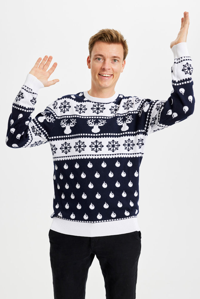 Herren Weihnachtspullover Blau mit Rentieren und Schneeflocken