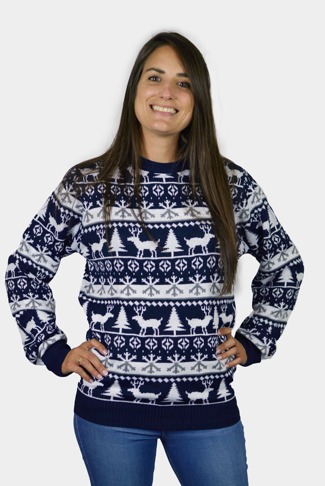 Herren Weihnachtspullover Blau mit Rentieren und Weihnachtsbäumen Damen