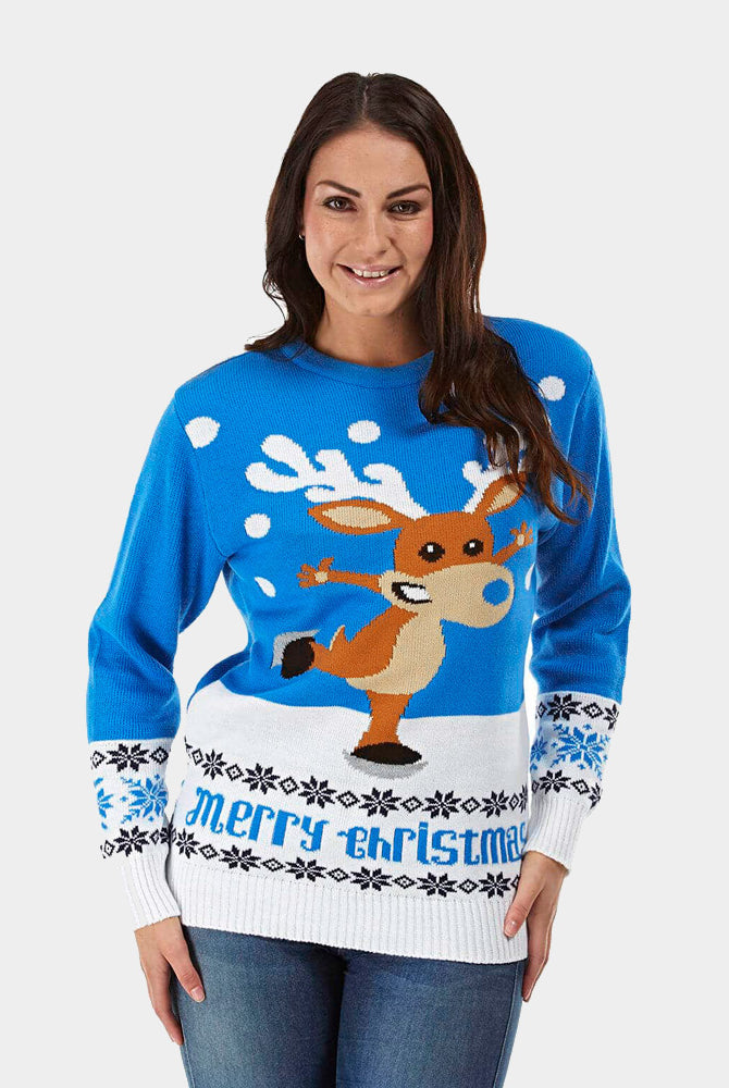 Herren Weihnachtspullover Blau mit Schlittschuh-Rentier Damen