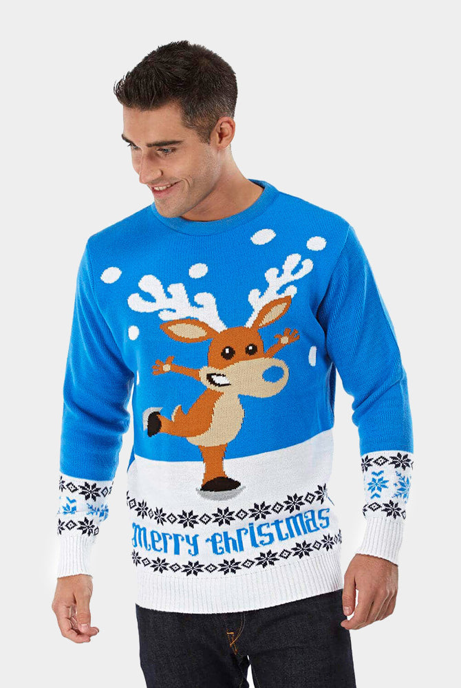 Herren Weihnachtspullover Blau mit Schlittschuh-Rentier