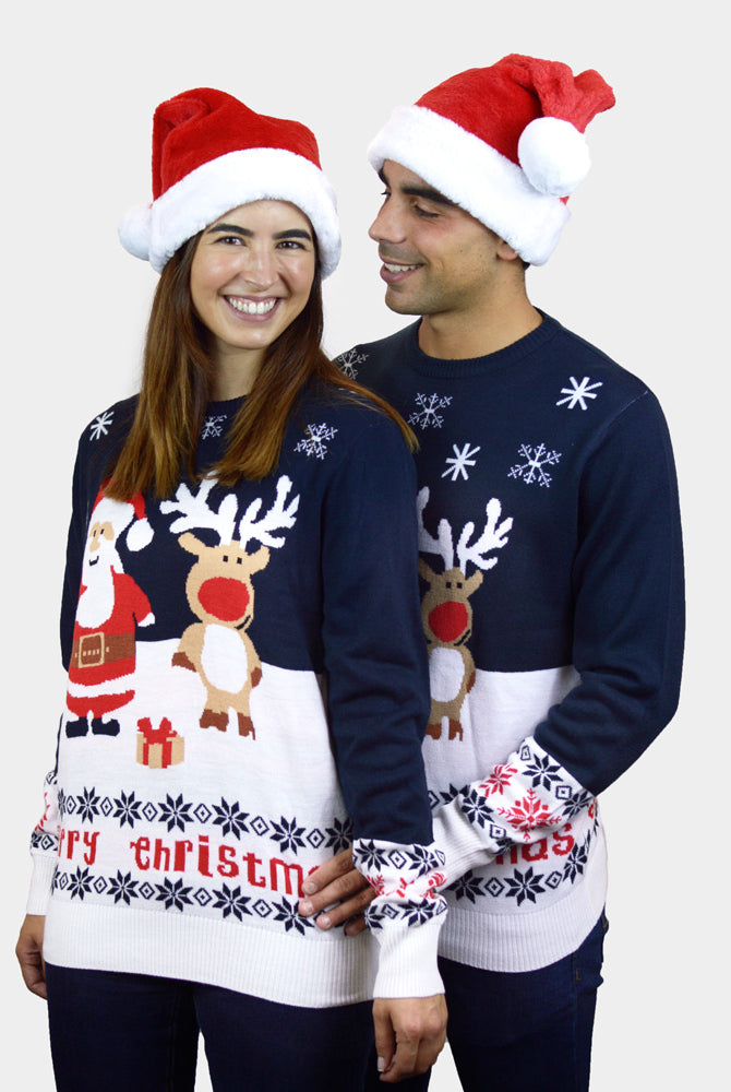 Herren Weihnachtspullover Blau mit Weihnachtsmann und Rudolf Paar