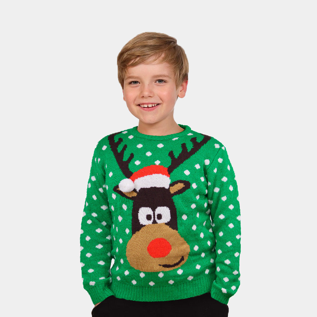 Herren Weihnachtspullover Grün mit Weihnachtsmütze in 3D Kinder