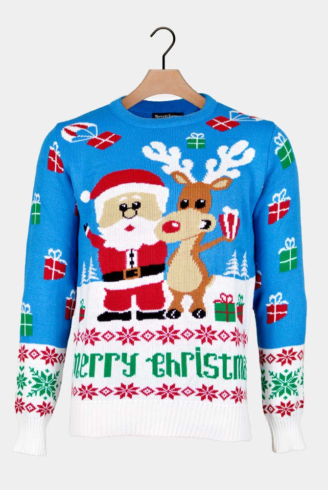 Herren Weihnachtspullover Blau Weihnachtsmann Rudolf