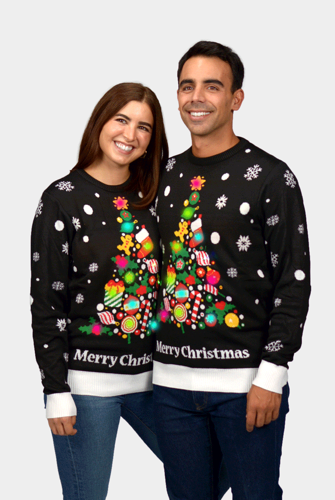 Herren Weihnachtspullover mit LED Schwarz "Merry Christmas" Damen