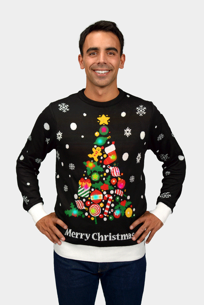 Herren Weihnachtspullover mit LED Schwarz "Merry Christmas"