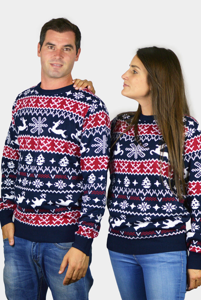 Herren Weihnachtspullover mit Rentieren und Weihnachtsmotiven paar
