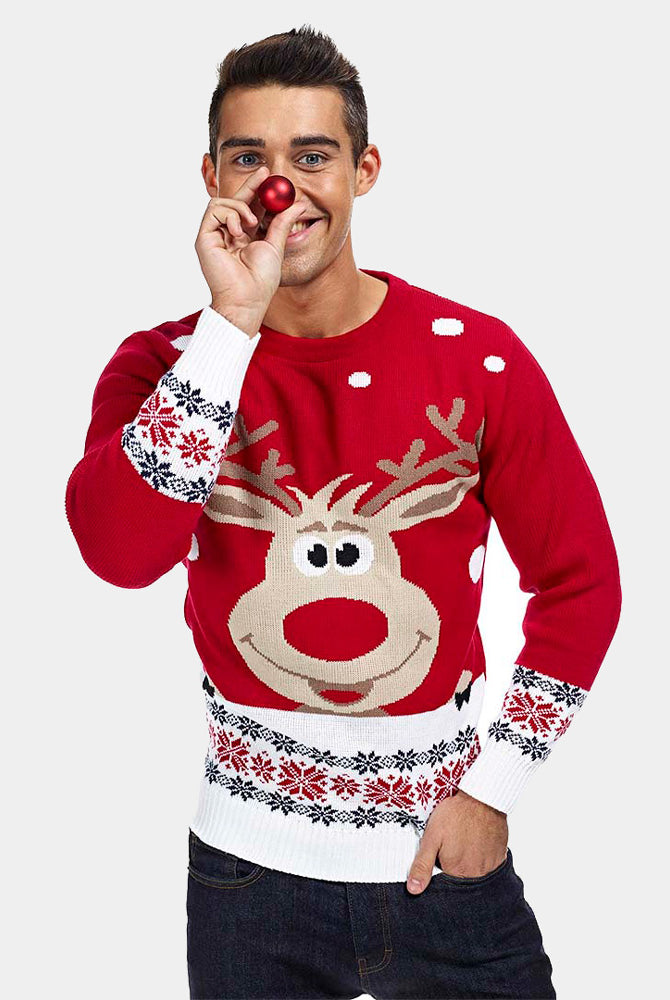 Herren Weihnachtspullover Rot mit Rentier und Schnee