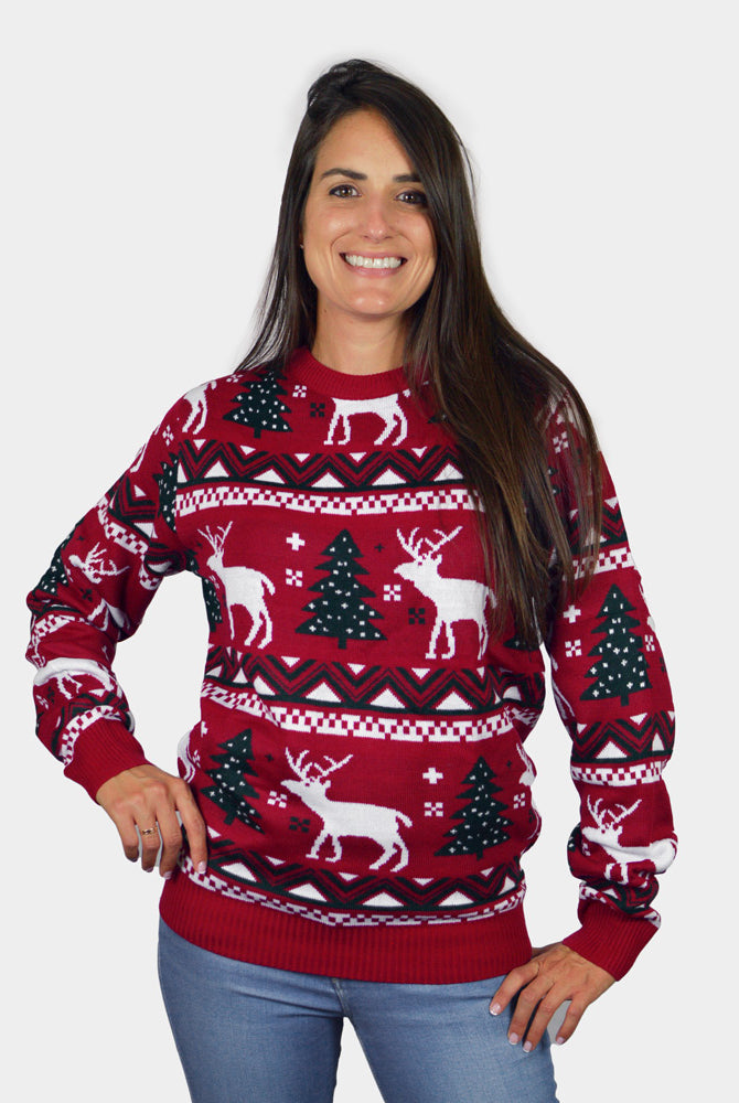 Herren Weihnachtspullover Rot mit Rentieren und Weihnachtsbäumen Damen