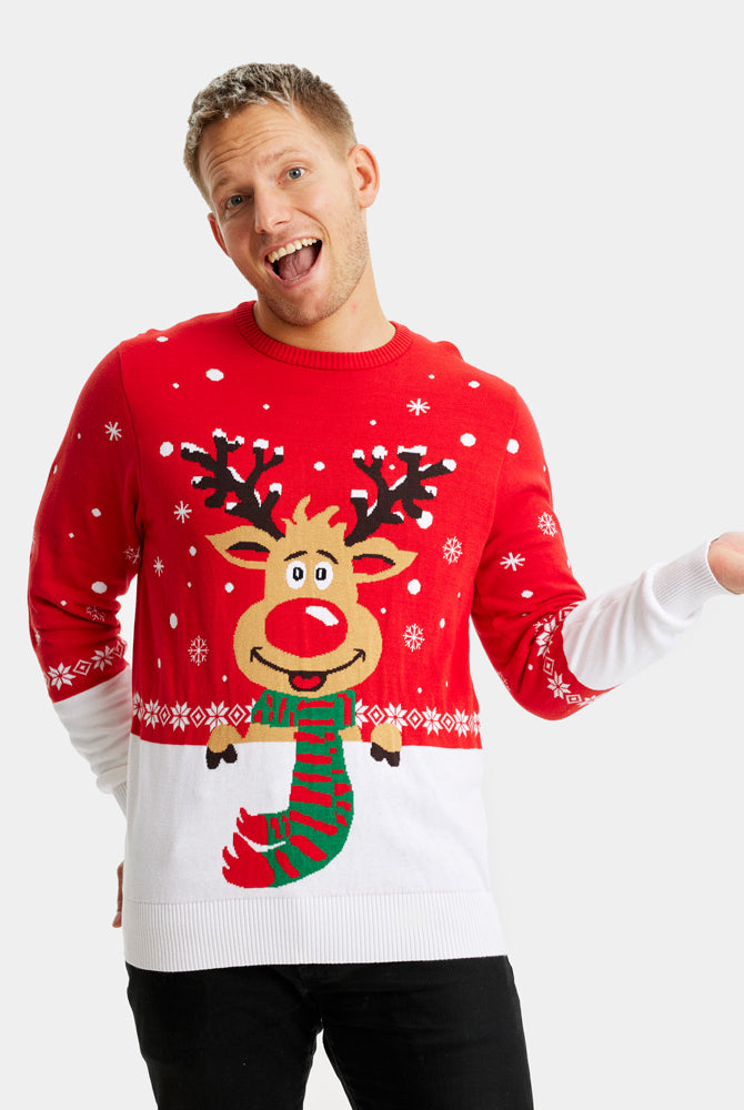Herren Weihnachtspullover Rot Rudolf mit Schal