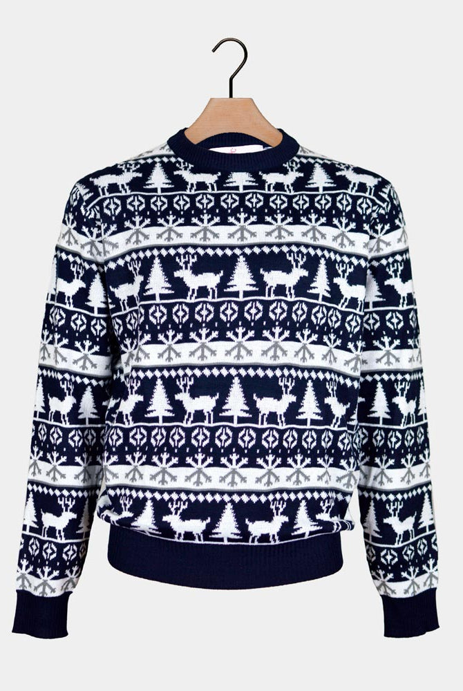 Herren Weihnachtsbäumen Weihnachtspullover Blau mit Rentieren