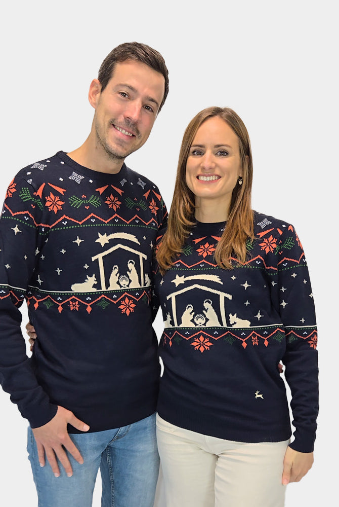 Herren Weihnachtspullover Blau Weihnachtskrippe Paar