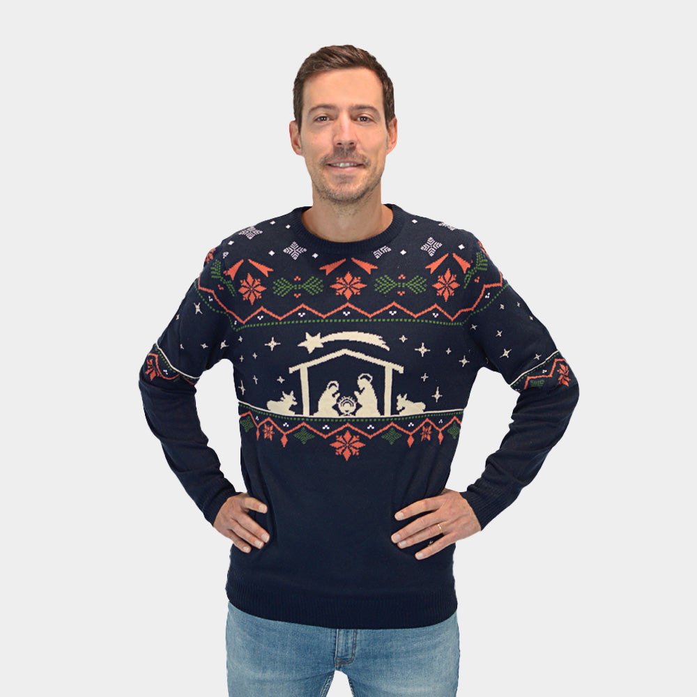 Herren Weihnachtspullover Blau Weihnachtskrippe