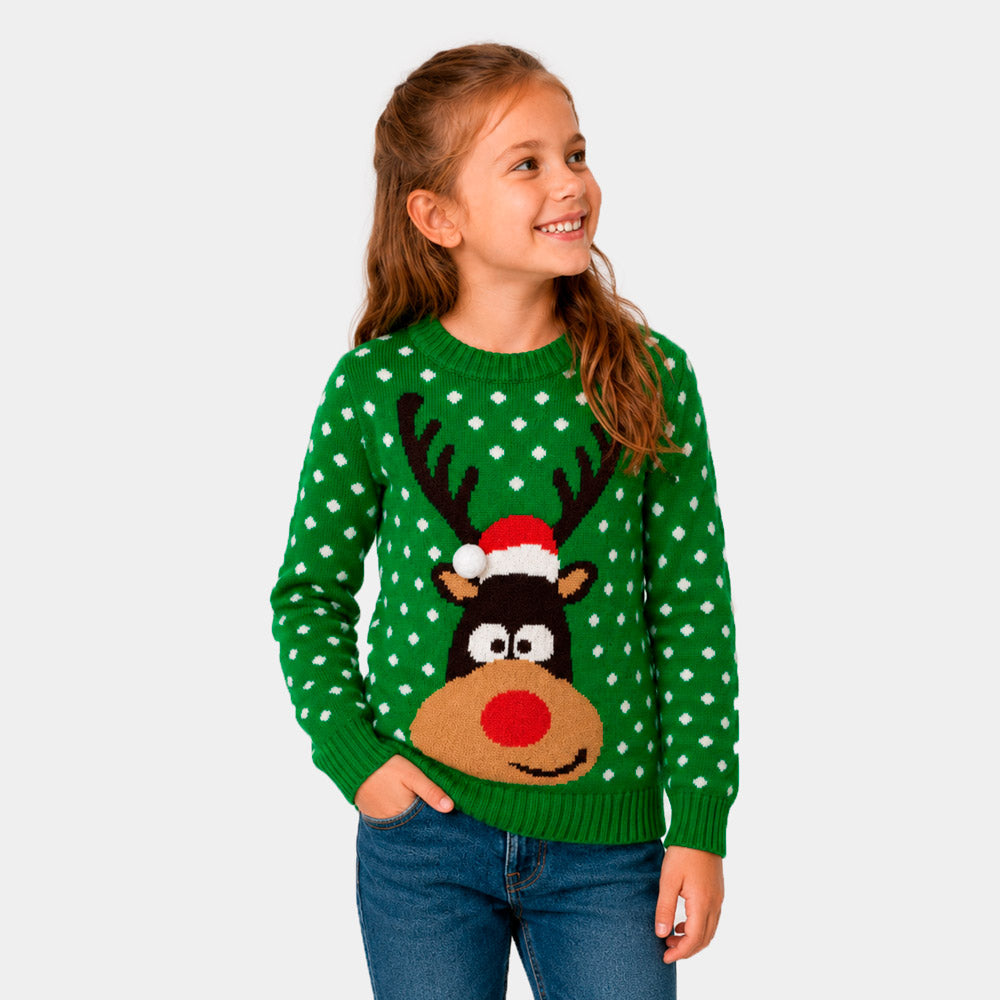 Kinder Familien Weihnachtspullover Grün mit Weihnachtsmütze in 3D