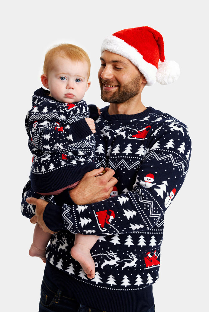 Kinder Weihnachtspullover Blau mit Bäumen, Schneemännern und Weihnachtsmann Familien
