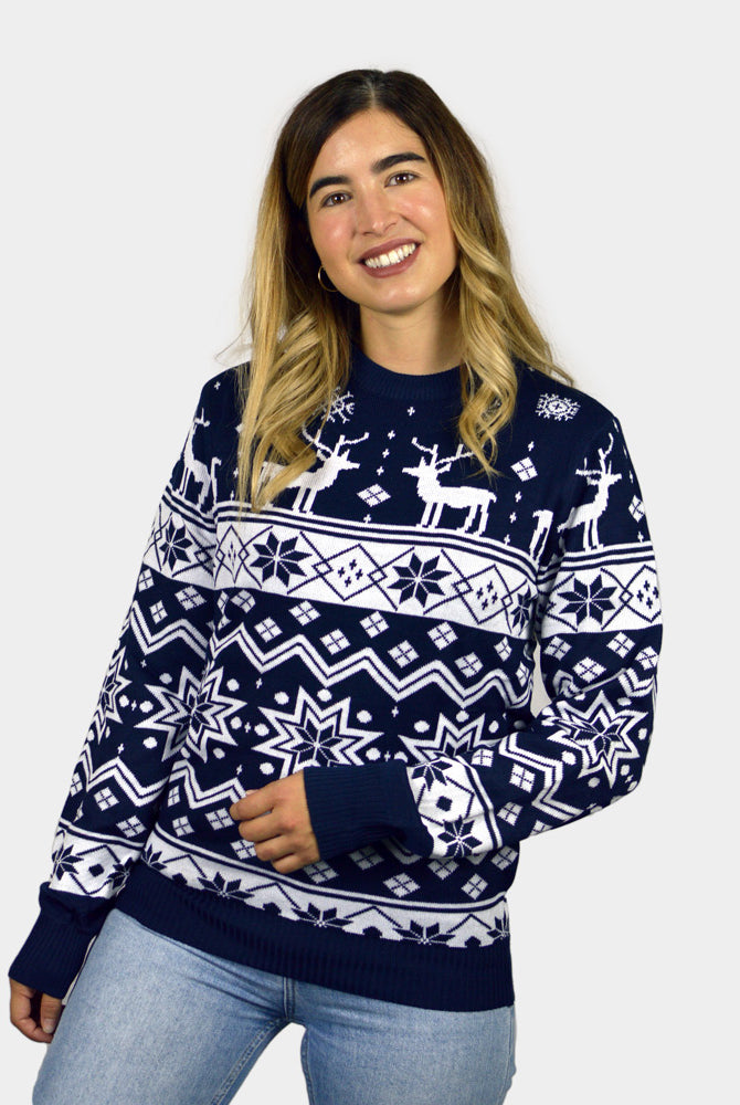 Kinder Weihnachtspullover Blau mit Nordische Sternen und Rentieren Damen