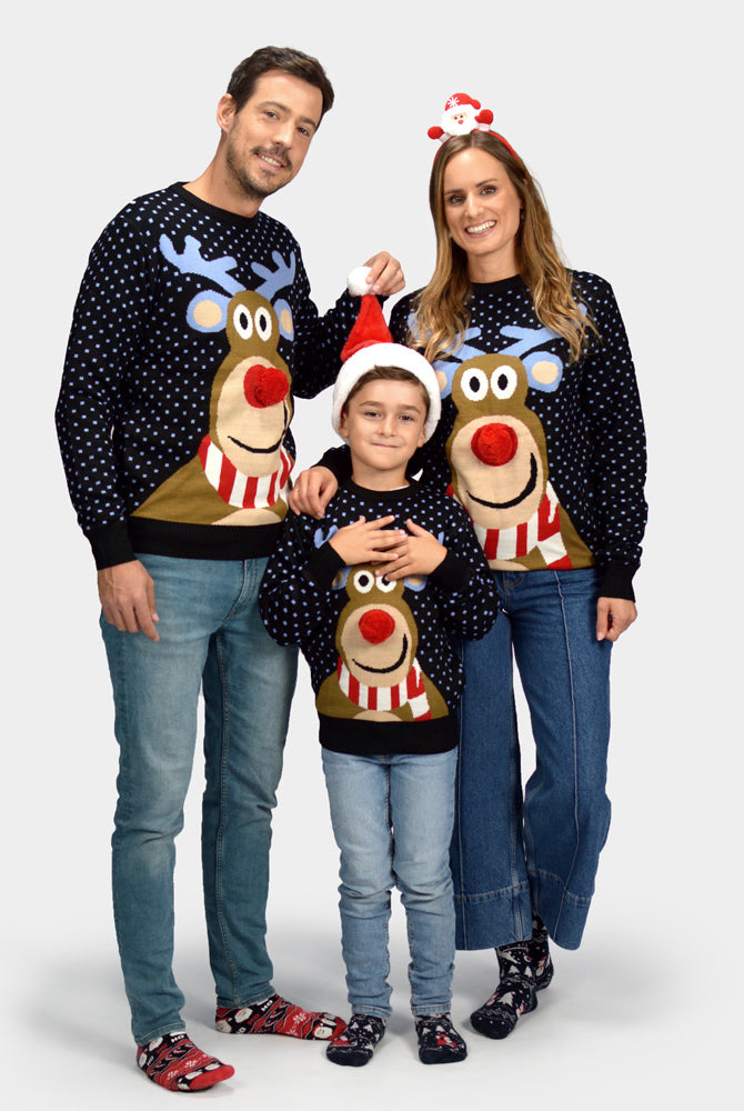 Kinder Weihnachtspullover Blau Rentier Rudolph mit Roter Nase 3D Familien