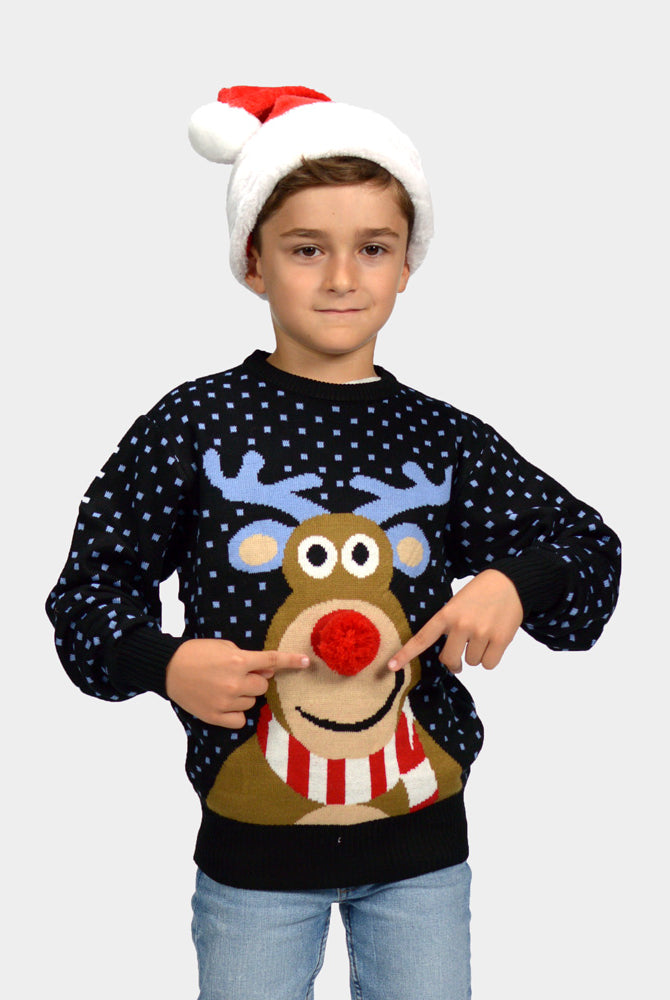Kinder Weihnachtspullover Blau Rentier Rudolph mit Roter Nase 3D