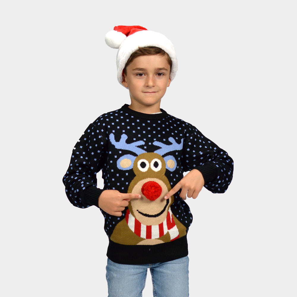 Kinder Weihnachtspullover Blau Rentier Rudolph mit Roter Nase 3D