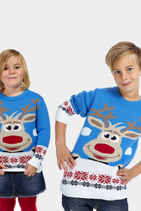 Kinder Weihnachtspullover Blau mit Rentier und Schnee