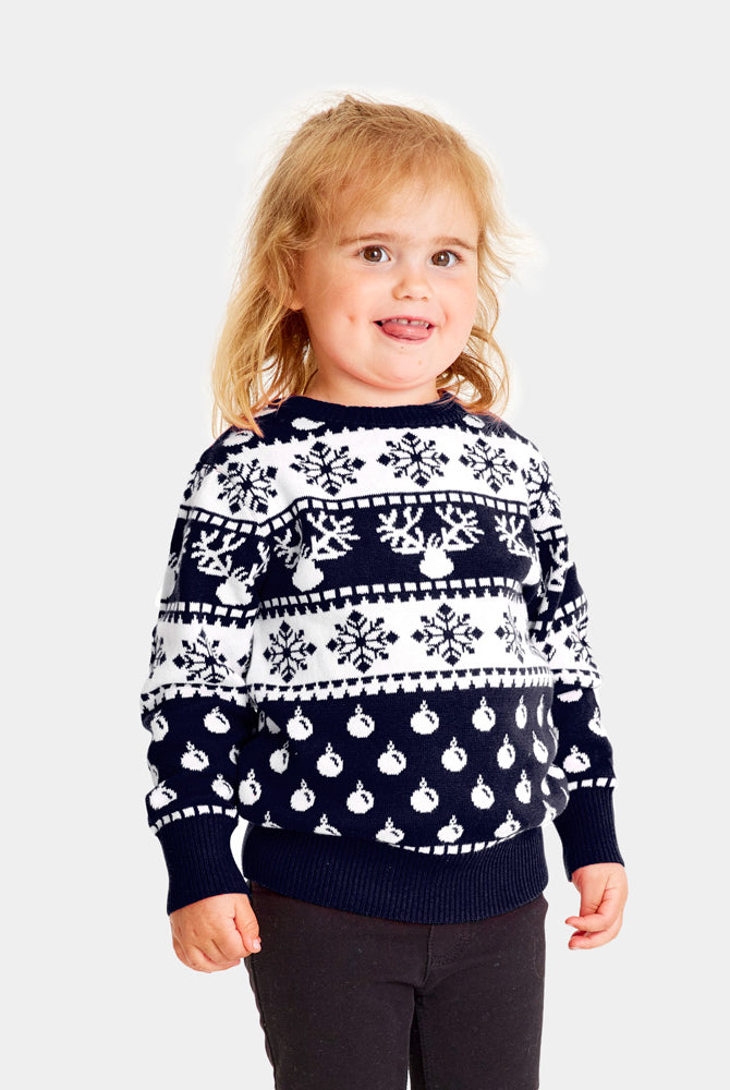 Kinder Weihnachtspullover Blau mit Rentieren und Schneeflocken