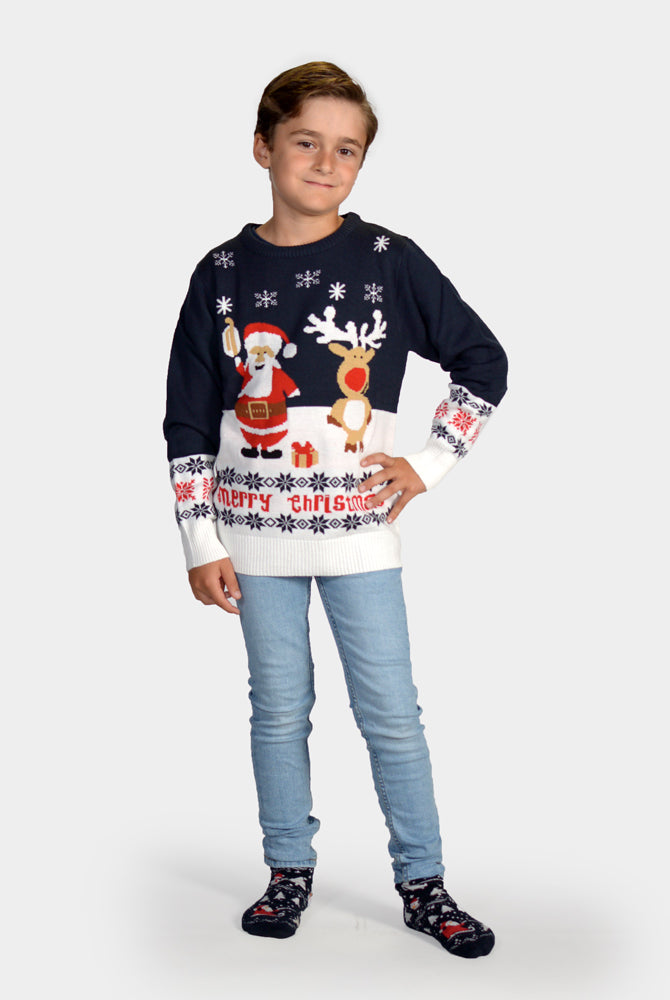 Kinder Weihnachtspullover Blau mit Weihnachtsmann und Rudolf