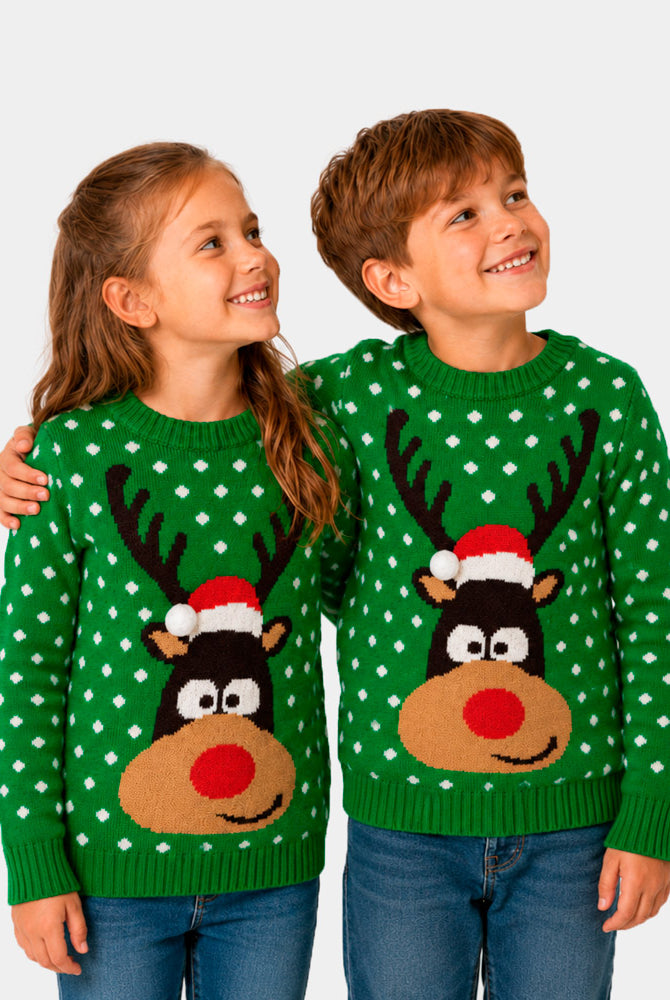Kinder Weihnachtspullover Grün mit Weihnachtsmütze in 3D