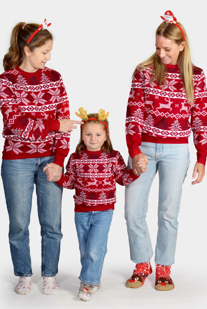 Kinder Weihnachtspullover Klassischer Rot mit Polarsternen Familien