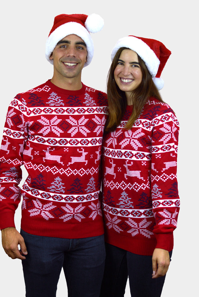 Kinder Weihnachtspullover Klassischer Rot mit Polarsternen Paar