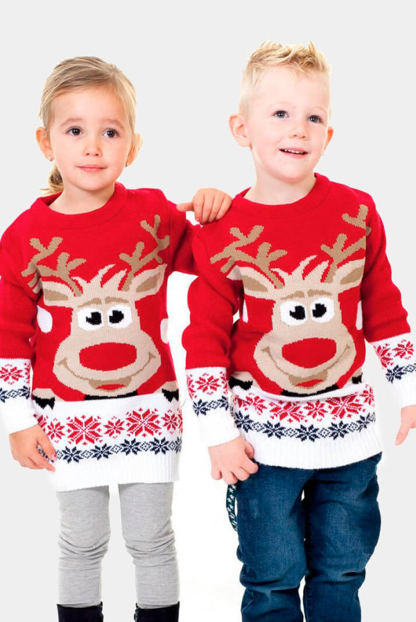Kinder Weihnachtspullover Rot mit Rentier und Schnee Paar