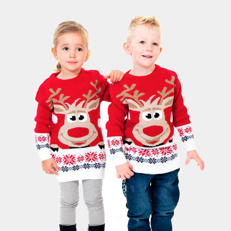 Kinder Weihnachtspullover Rot mit Rentier und Schnee Paar
