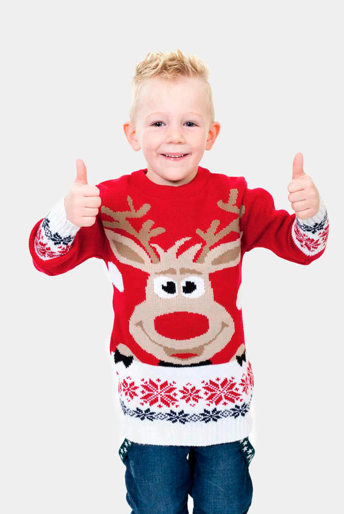 Kinder Weihnachtspullover Rot mit Rentier und Schnee