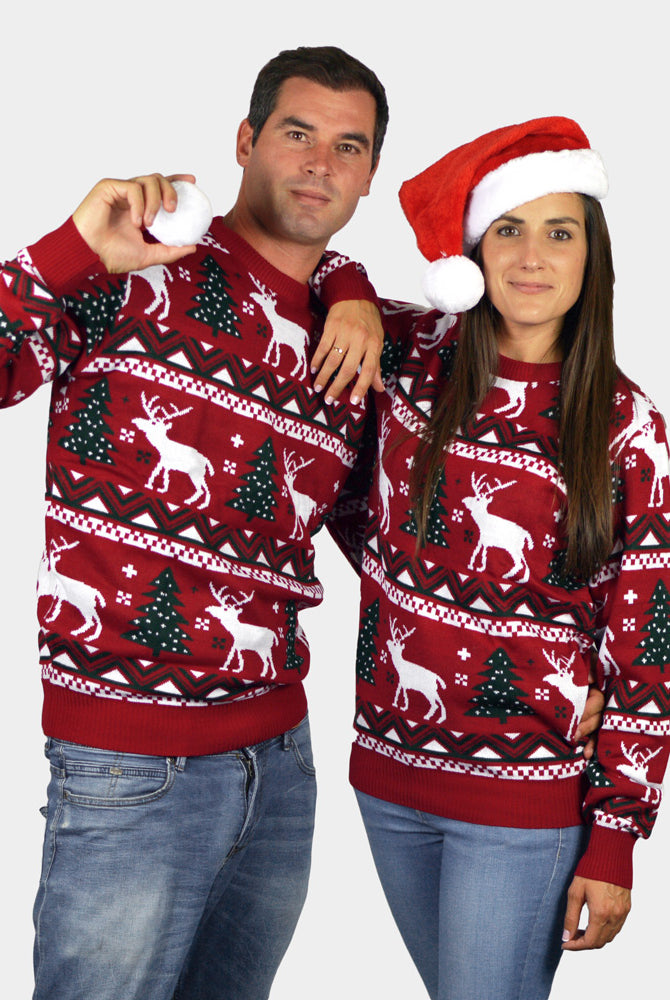 Kinder Weihnachtspullover Rot mit Rentieren und Weihnachtsbäumen Paar