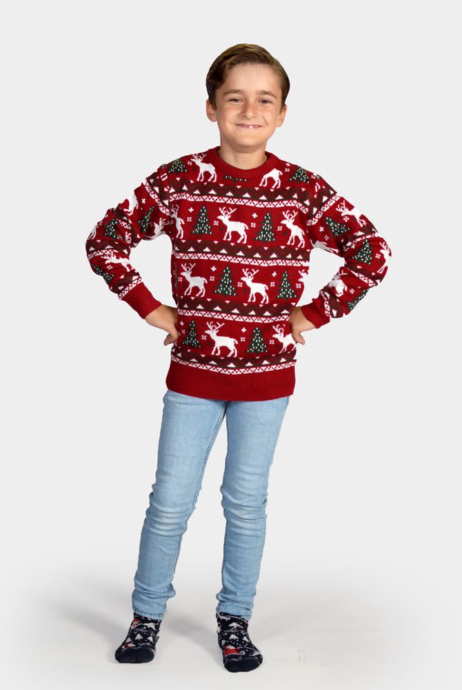 Kinder Weihnachtspullover Rot mit Rentieren und Weihnachtsbäumen