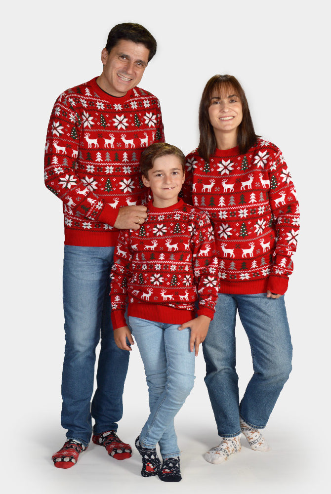 Kinder Weihnachtspullover Rot Sternen Rentieren Weihnachtsbäumen Familien
