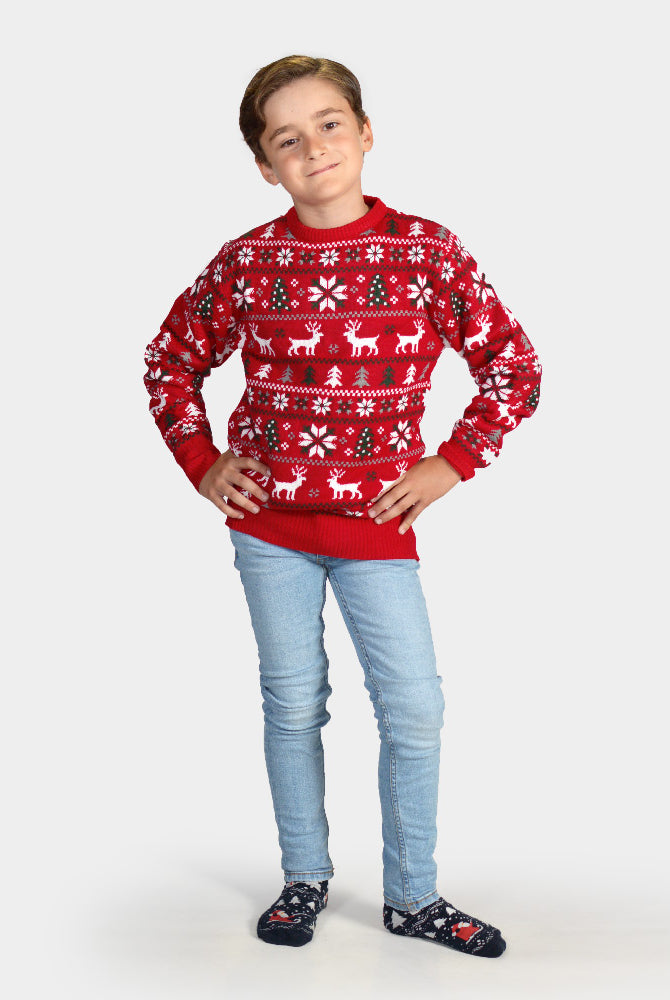 Kinder Weihnachtspullover Rot Sternen Rentieren Weihnachtsbäumen