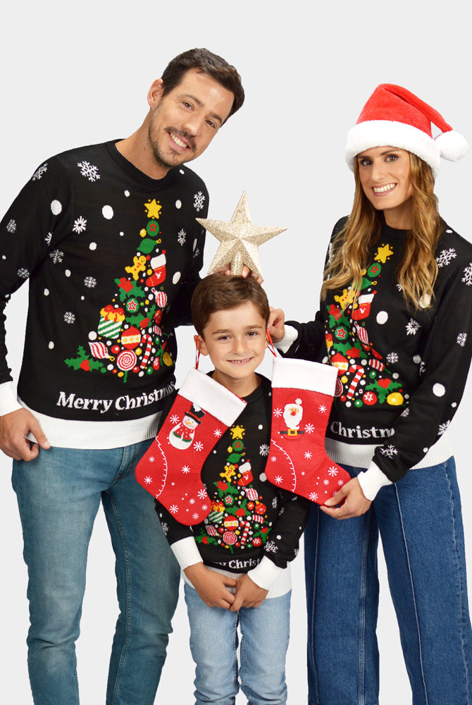 Kinder Weihnachtspullover Schwarz "Merry Christmas" Familie