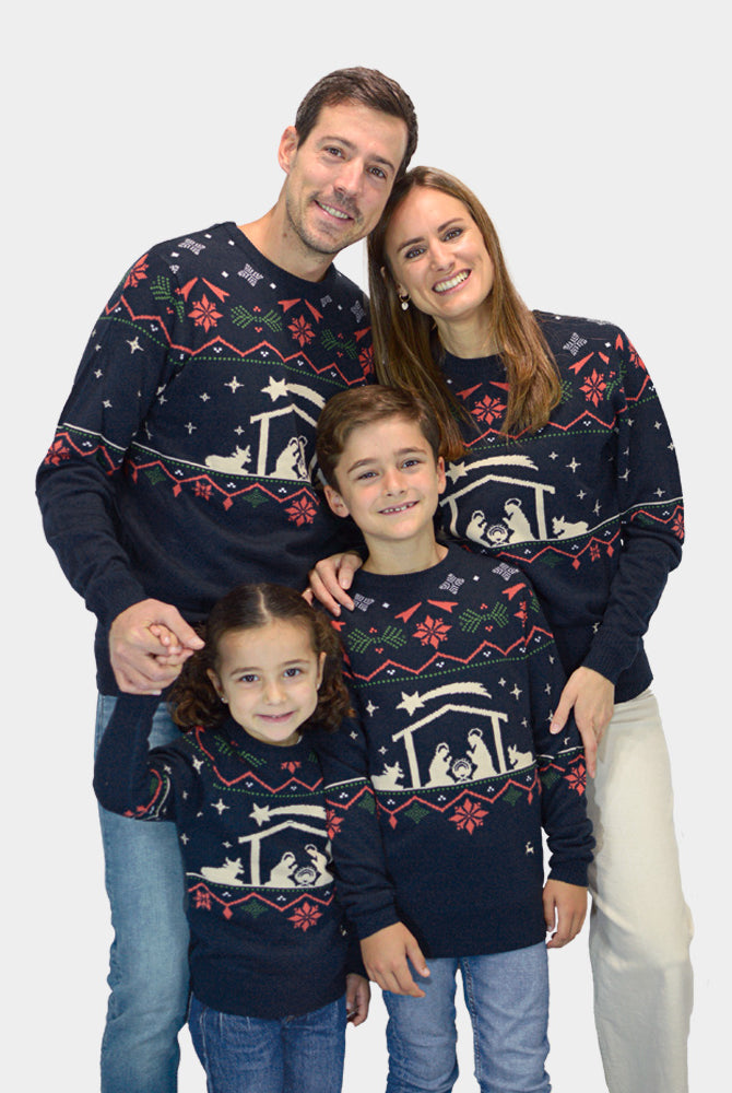 Kinder Weihnachtspullover Blau Weihnachtskrippe Familien