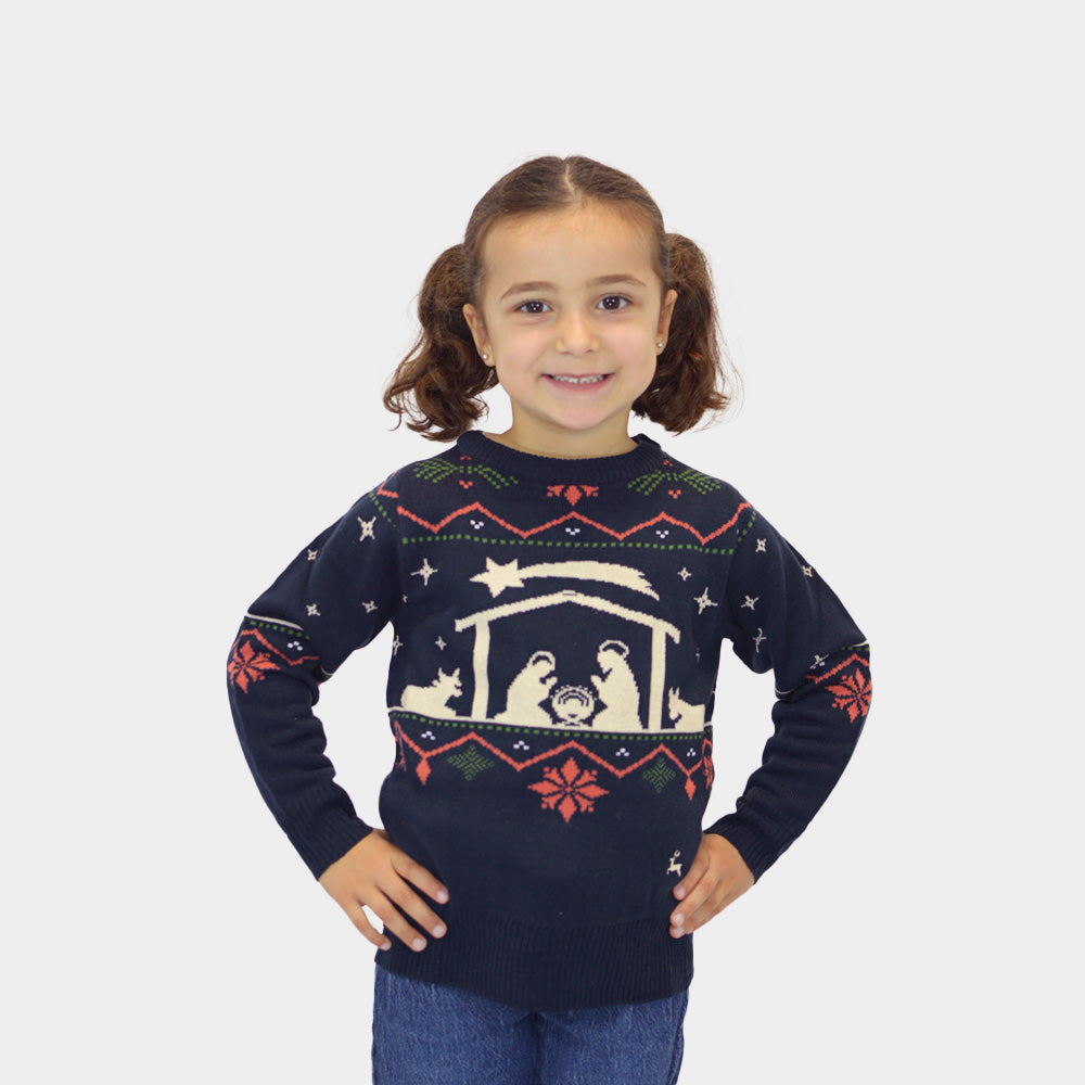 Kinder Weihnachtspullover Weihnachtskrippe Blau