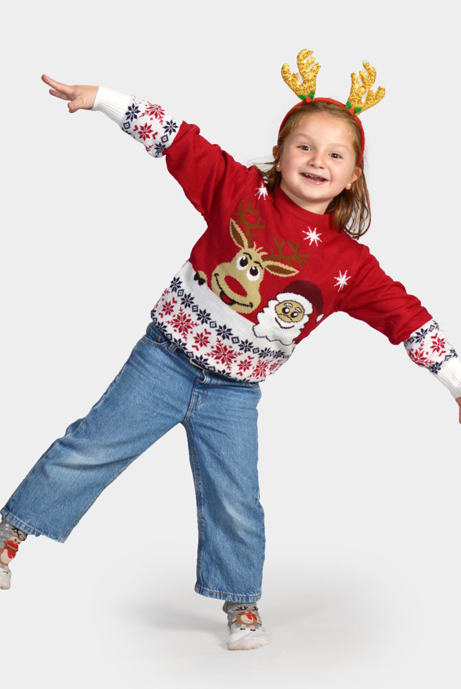 Kinder Weihnachtspullover mit Weihnachtsmann und Rentier Rudolph