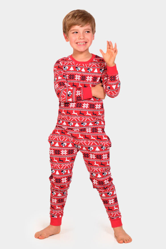 Kinder Weihnachtspyjama in Rot mit Rentieren und Weihnachtsbäumen aus Bio-Baumwolle