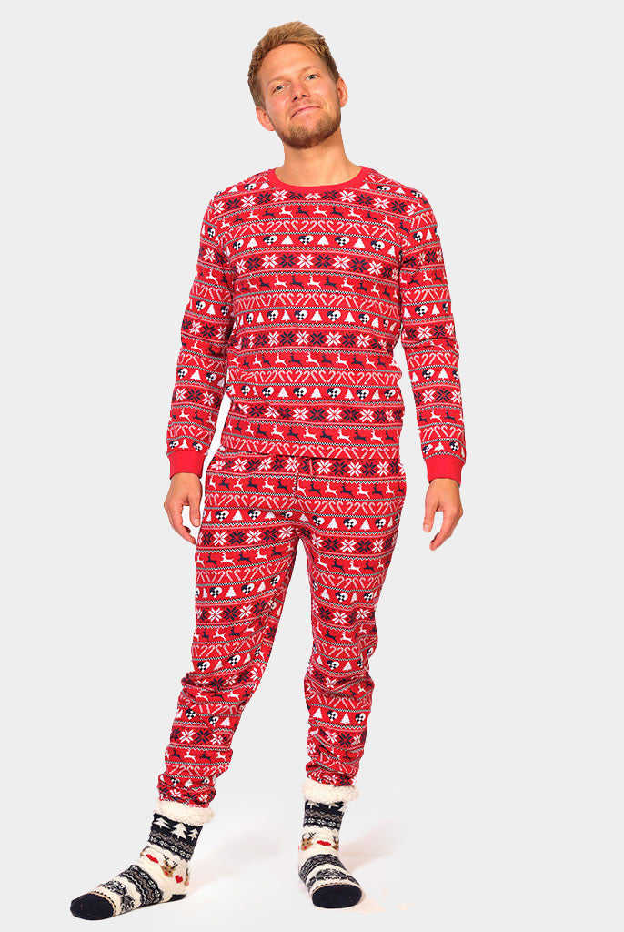 Weihnachtspyjama für Herren Unisex Rot mit Rentieren und Weihnachtsbäumen aus Bio-Baumwolle