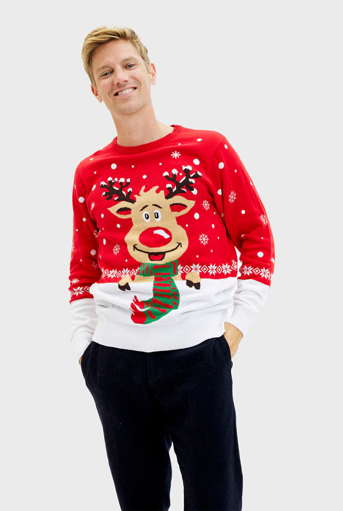 Rot Herren Weihnachtspullover Rudolf mit Schal