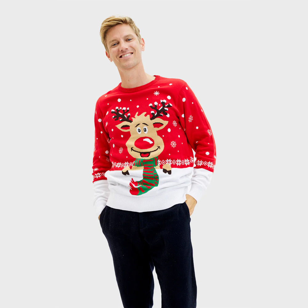 Rot Herren Weihnachtspullover Rudolf mit Schal