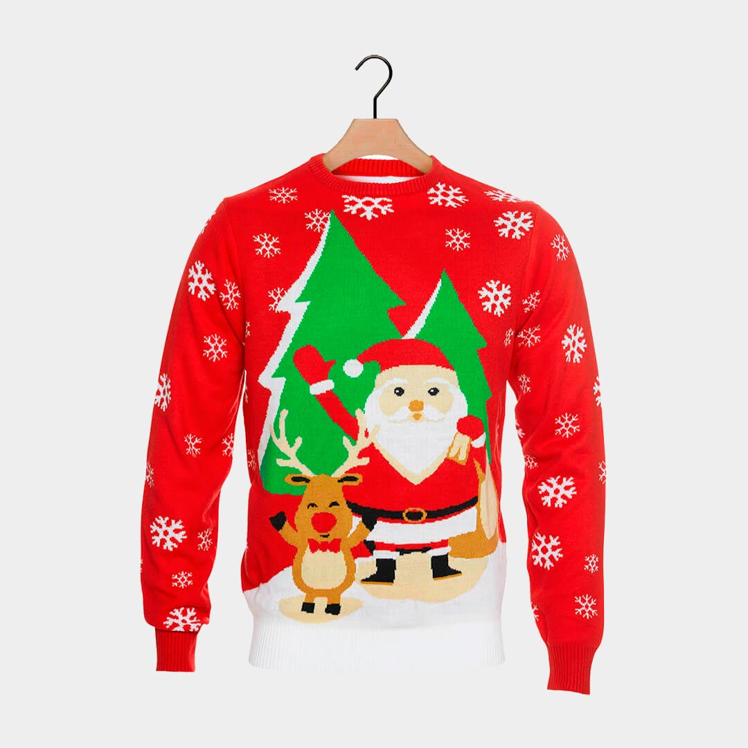 Weihnachtspullover Rot Weihnachtsmann und winkendem Rentier