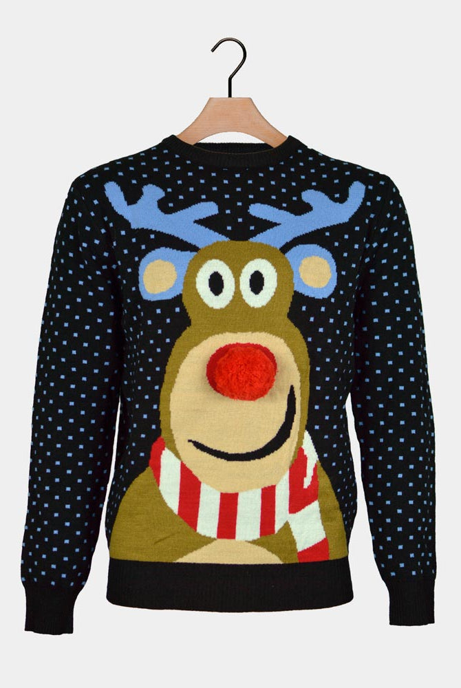 Herren Weihnachtspullover Blau Rentier Rudolph Roter Nase 3D